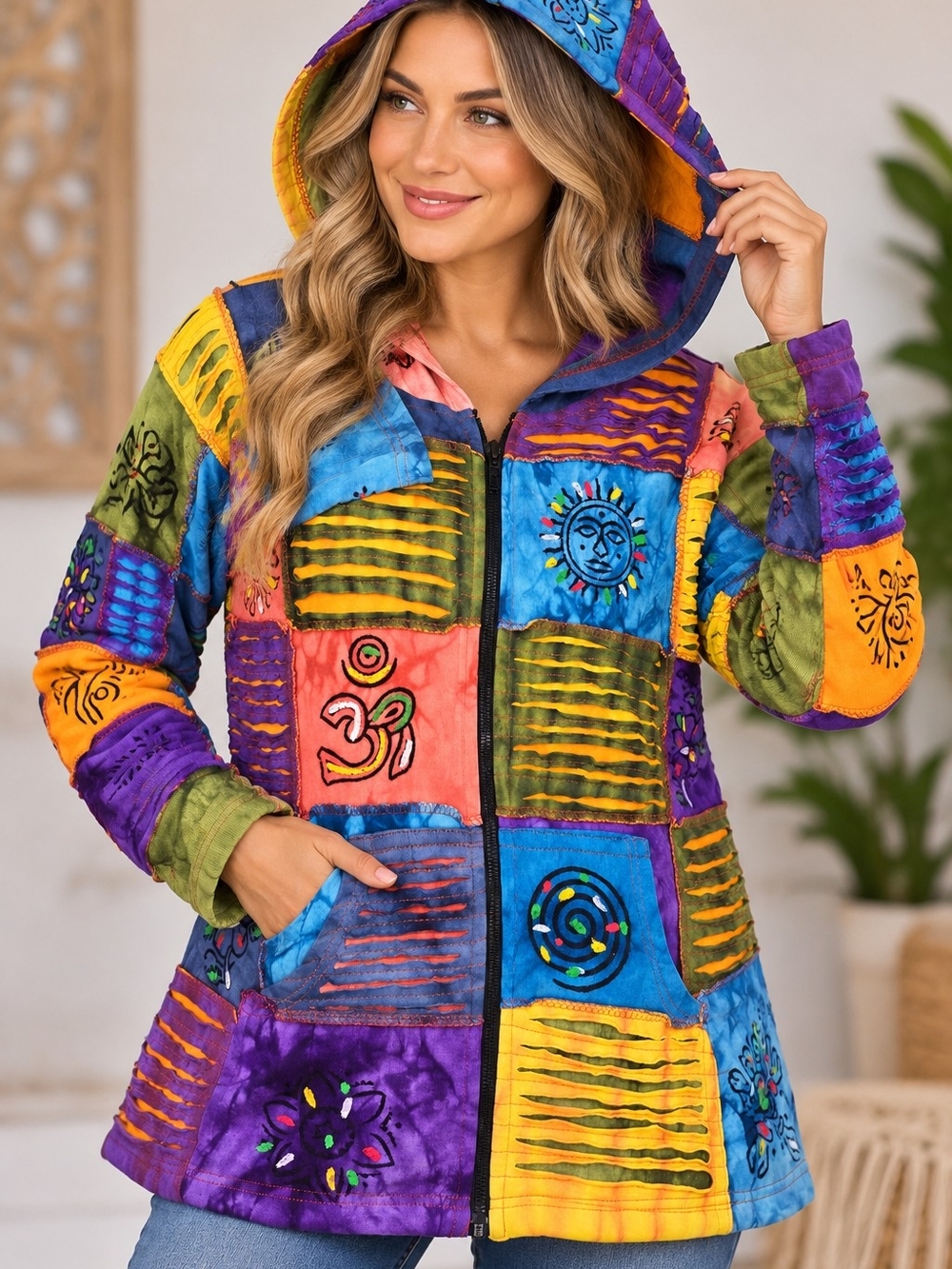Rising International XXL Nepal Patchwork Hoodie Jacket Boho Hippie Om Festival